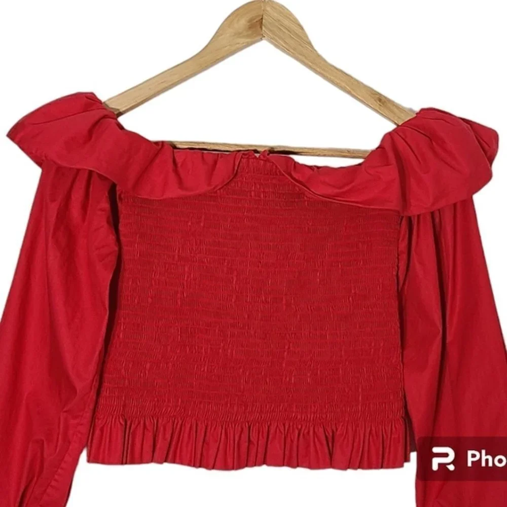 MAJE Lenda Off-The-Shoulder Smocked Cotton Top Women's Size S - Picture 5 of 16